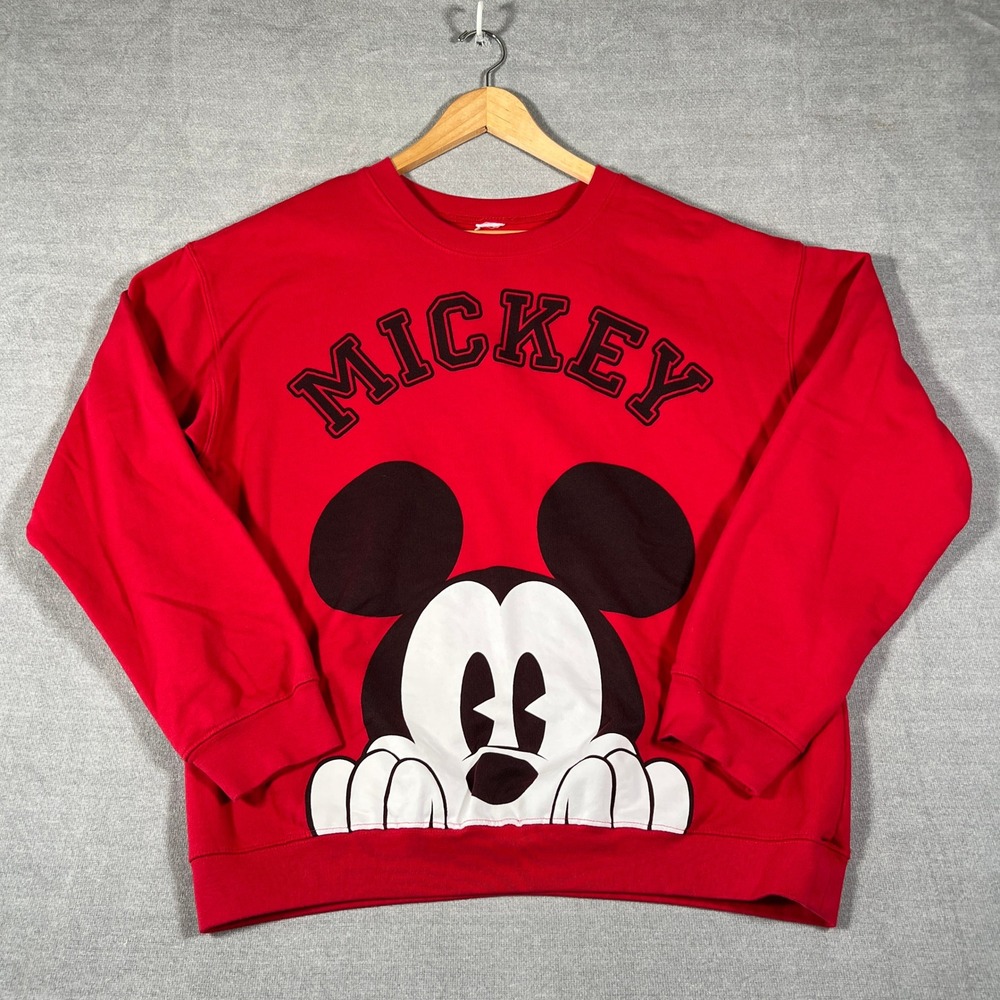 Disney Mickey Mouse Graphic Crewneck Sweatshirt Unisex Large Red Cotton Blend
